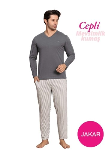 GUAVA+ Men's Buttonless Striped Jacquard Fabric Seasonal Long Sleeve Cuffed Long Sleeve Pajama Set with Pockets