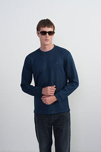 SILVANO Men's Chest Embroidery Crew Neck Navy Blue Sweatshirt