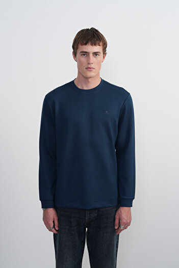 SILVANO Men's Chest Embroidery Crew Neck Navy Blue Sweatshirt