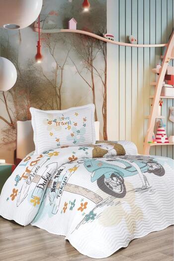 Çeyiz Diyarı Traveling Girl Printed Quilted Single Bedspread Blue