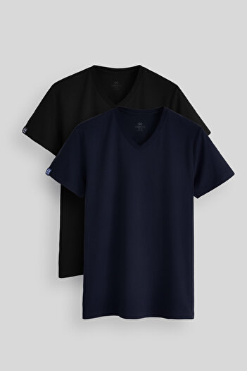 TOMMY LIFE Standard Fit Basic V-Neck 2-Pack Black-Navy Blue Men's T-Shirt - 87912