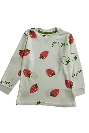 elmas kids Girl's 100% Cotton Ecru Strawberry Patterned Crew Neck Long Sleeve Pajama Set