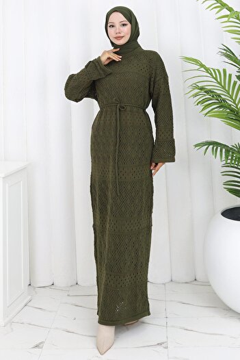 hafsamina Lined Lace-Up Openwork Dress Khaki Hm2840