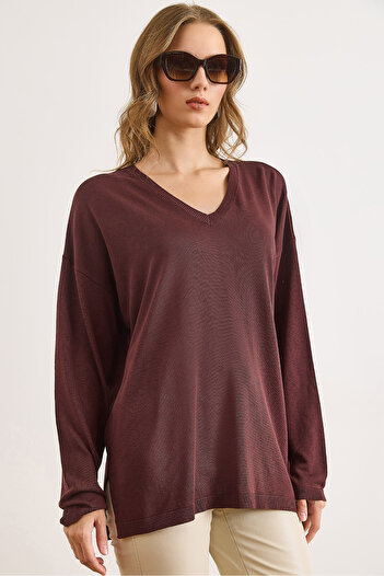 Olalook Women's Brown Viscose V-Neck Mini Slit Draped Basic Slim Knitwear Sweater Kzk-19001013