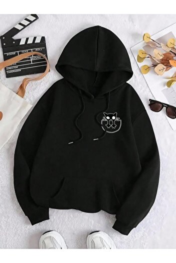 AFROGİYİM Women's Cute Cat Printed 2 Thread Ruched Hooded Sweatshirt