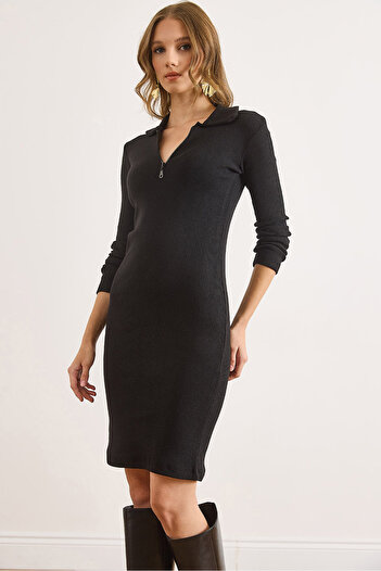 Olalook Women's Black Zippered Basic Mini Dress Elb-19002545