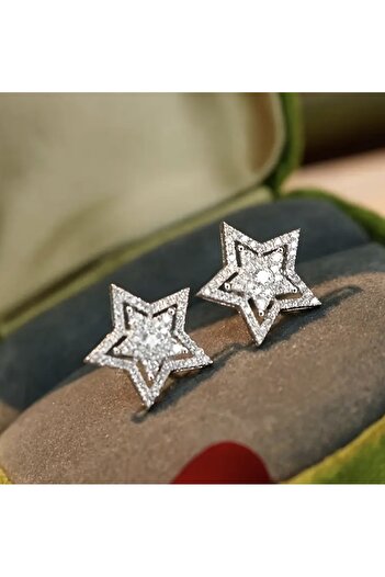NESSORİA Silver Star Model Earrings with Zircon Stones and Shiny Silver
