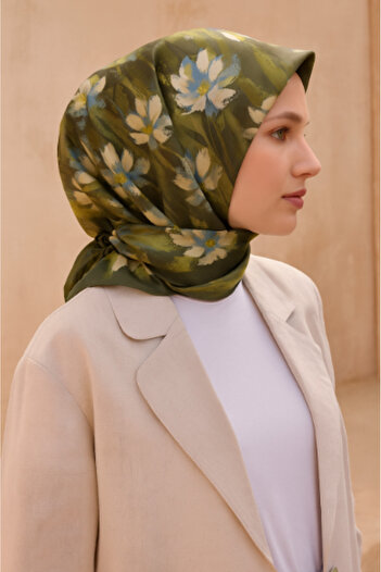 Belli Tivil Pure Silk Scarf 4217 - 81 Χακί Πράσινο Μοτίβο λουλουδιών