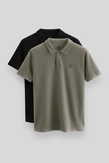 TOMMY LIFE Standard Fit Basic Polo Neck 2-Pack Black-Çağla Men's T-Shirt - 87768