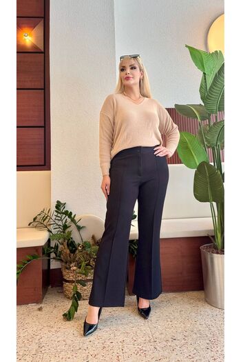 Butik Nilyam Women's Plus Size Pants Crepe Fabric Lycra Pocketless Spanish Leg Trousers 25030