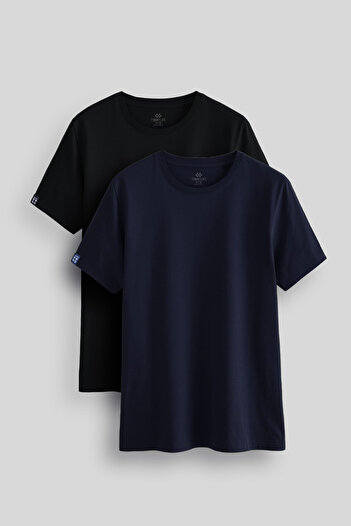 TOMMY LIFE Standard Fit Basic O Neck 2-Pack Black-Navy Blue Men's T-Shirt - 87911