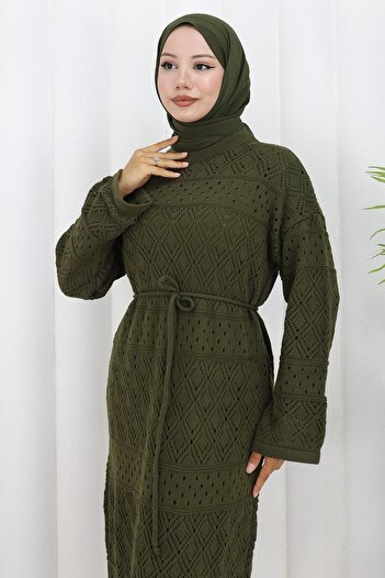 hafsamina Lined Lace-Up Openwork Dress Khaki Hm2840