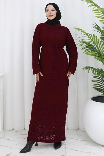 hafsamina Lined Lace-Up Openwork Dress Burgundy Hm2840