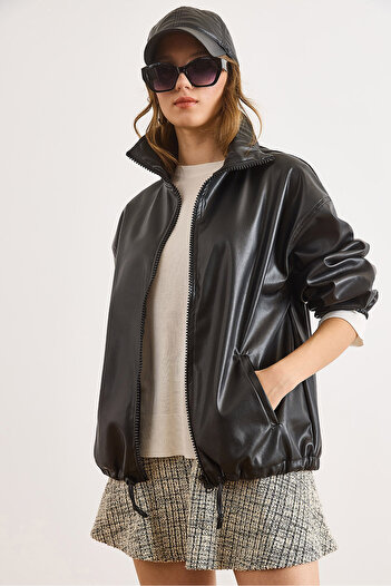 Olalook Women's Black Velvet Inside Unlined Hooded Faux Leather Jacket Ckt-19000478