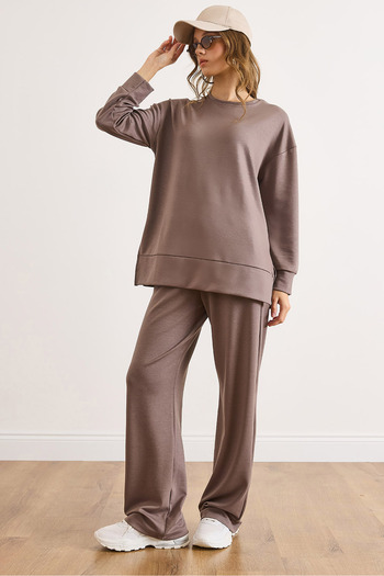Olalook Women's Mink Modal Buttoned Soft Textured Top and Bottom Set Tkm-19000441