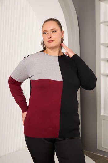 RMG Plus Size Knitwear Garnished Sweater Burgundy