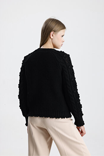 Figo Women's Pompom Patterned Knitwear Cardigan