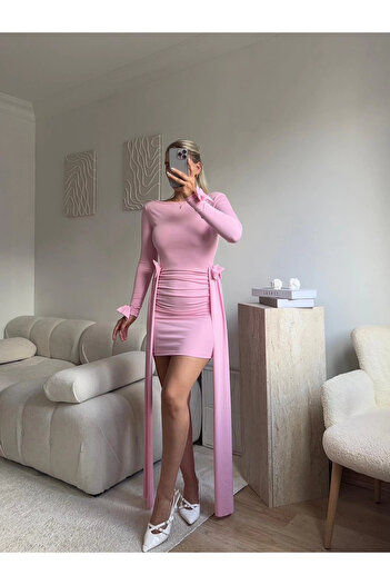 Zora Butik Yan Kurdele Panelli Elbise - PEMBE
