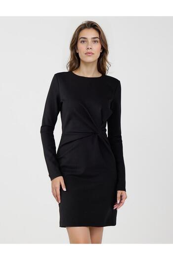 Jimmy Key Black Round Neck Drawstring Detailed Knitted Mini Dress
