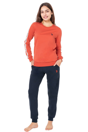 U.S. Polo Assn. Women's Brick Color Long Sleeve Pajama Set – Navy Blue Bottom Cotton Comfortable Home & Sleep Set