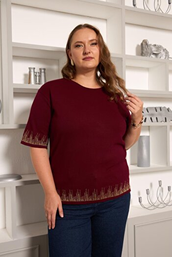 RMG Plus Size Knitwear Short Sleeve Sweater Burgundy