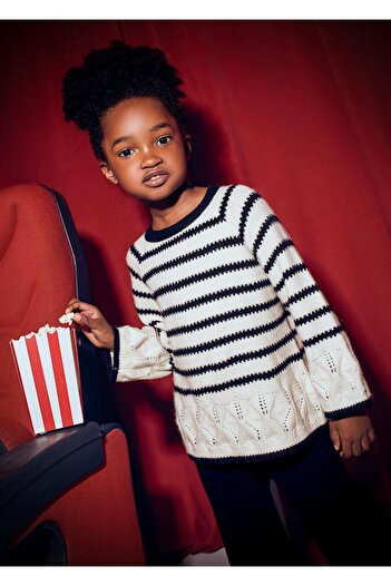 MAYORAL Girl's Striped Openwork Detailed Wide Leg Knitwear Set - Black/Ecru