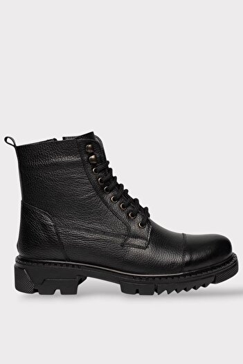 Liger Men's Fur Lined Khaki Leather Zippered Anti-Slip Thermo Sole Boots Black