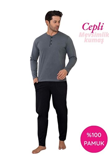 GUAVA+ Men's Solid Color 3 Button 100% Cotton Seasonal Long Sleeve Pajama Set with Pockets