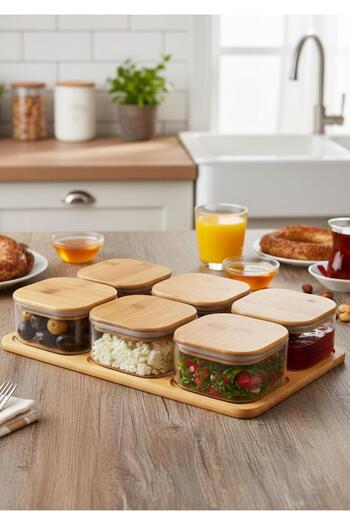 HomeTarz Glass Breakfast Set - Bamboo Square Breakfast Set 13 Pieces