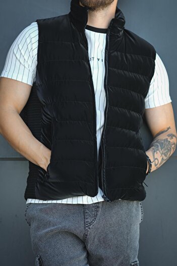since 1990 man Manlordy Mesh Detailed Pocketed Stand Collar Nova Shiny Fabric Men's Puffer Vest