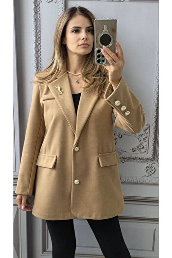 MAXORA SHOP Elegant women's jacket made of striped fabric with removable brooch