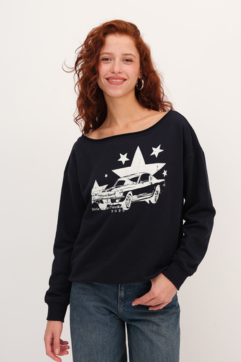 Addax Kayak Neckline Car Printed Sweatshirt S10555