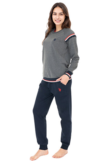 U.S. Polo Assn. Women's Stripe Detailed Anthracite Pajama Set – Comfortable and Stylish Sleepwear Set