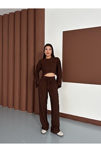 MODAMERSİ Women's Brown Spanish Sleeve Ruffle Fabric Bottom Top Set