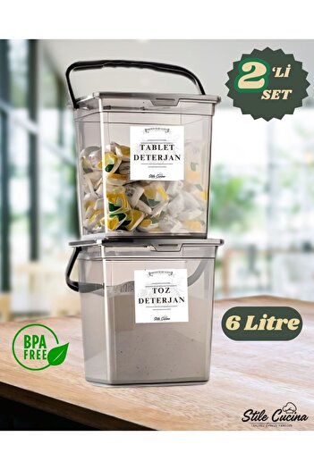 Stile Cucina Mega Boy 2-Piece Detergent Storage Box with Square Handles and Labels 6 Liters - Transparent