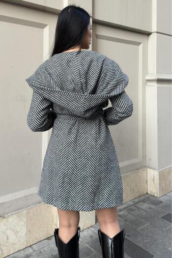 Pasaklı Giyim Women's Herringbone Cashmere Coat – Hooded, Double-Breasted Collar, Belted, Stylish Winter Overcoat 3688462