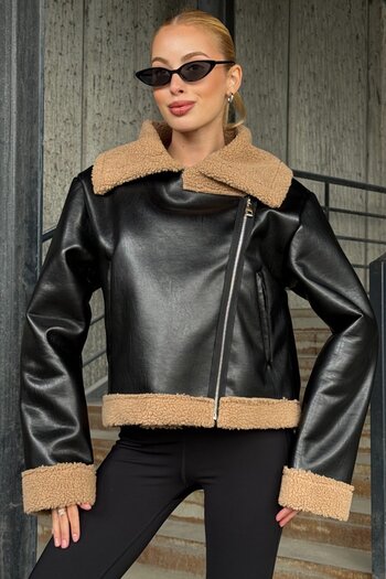 VAGGON Women's Beige Black Double Breasted Collar Zipper Closure Fur Lined Coat Vs01255