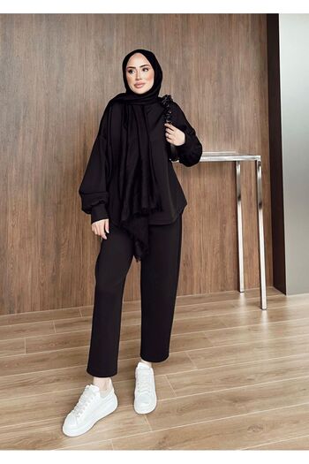 onlymoon Black Women's Scuba Fabric Top and Bottom Set ♦   Oversize Comfortable Fit ♦   Casual Stylish Outfit ♦   Trend Moda İkili