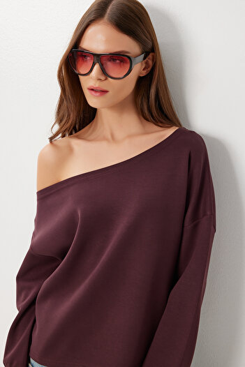 Lovelyİstanbul Open Shoulder Soft Modal Sweatshirt Lub0252 Bordo