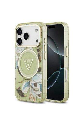 Guess Original IML Metal Glitter Flowers Triangle MagSafe iPhone 17 Pro Case, Green