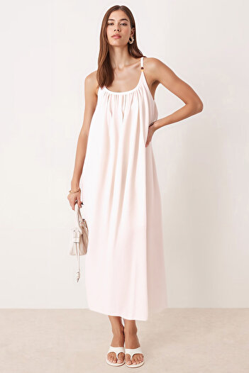 armonika Women's Cream Collar Gathered Drawstring Strap Lined Long Dress Arm-25Y001103