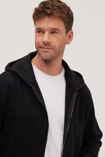Tudors Men's Relax Fit Comfortable Cut Zippered Double Pocket Hooded Black Jacket Shirt