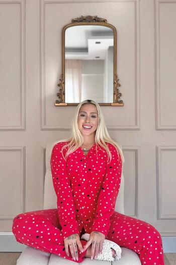 Pijamaevi Red Point Heart Patterned Front Buttoned Plush Fleece Pajama Set