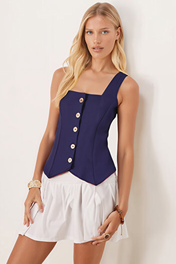 armonika Women's Navy Blue Square Neck Vest with Lace-Up Detail on the Back, Linen Look Arm-25Y001089