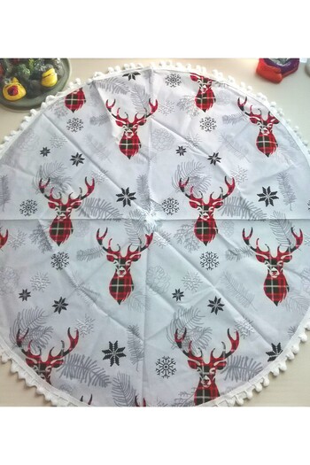 Armada Pompom Pine Tree Underlay Gray with Red Brown Deer Snowflake Printed Poplin (80 cm)