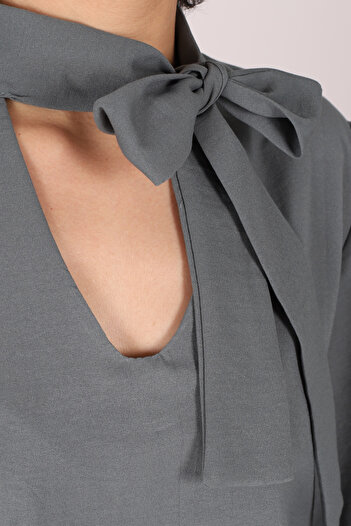 armonika Women's Light Turquoise Tie Neck Elastic Sleeve Blouse Arm-25K001096