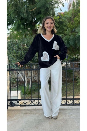 Punta Otantik Ls1119 Italian Heart Pattern Velvet Blouse Black