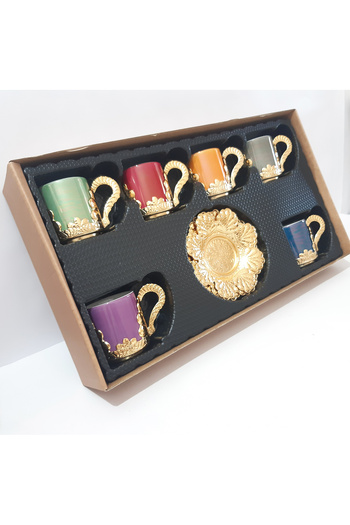 renkli çiçekler Porcelain Cup Set Copper-Plated Porcelain Pouring Coffee Cup with Coaster Plate