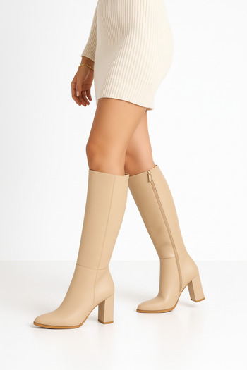 Limeo Women's Cream Heeled Leather Look Zippered Long Boots
