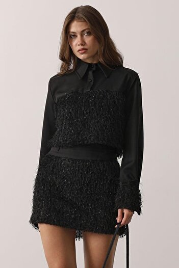 VAGGON Women's Black Feather Shirt Detailed Blouse and Mini Skirt Set Vs01244